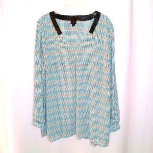 Worthington Lghtwght Flowy Leather Trim Blouse Colorful Tunic Plus sz Top 3X